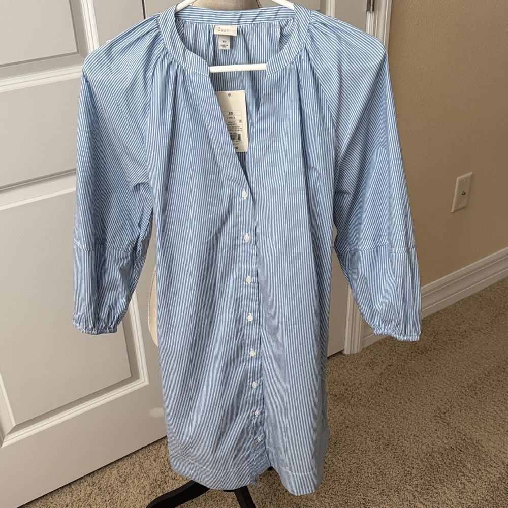 Womens Balloon 3/4 Sleeve Mini Shirtdress A New Day Blue/white Pinstripe XS
